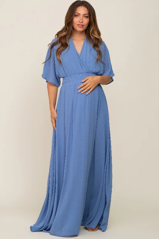 Blue Chiffon V-Neck Smocked Waist Maternity Maxi Dress Cozy Longline Maxi Dress