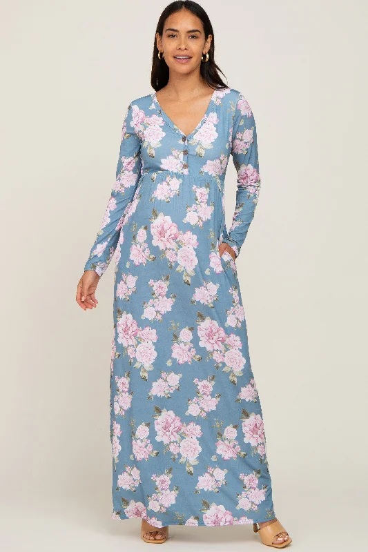 Blue Floral Button Front Maternity Maxi Dress Comfortable Maxi Dress with Belt