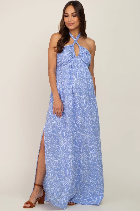 Blue Floral Halter Neck Maternity Maxi Dress Elegant Silk Maxi Dress