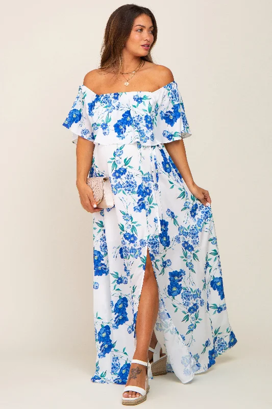 Blue Floral Overlay Off-Shoulder Side Slit Maternity Maxi Dress Cozy Ruffle Sleeve Maxi Dress