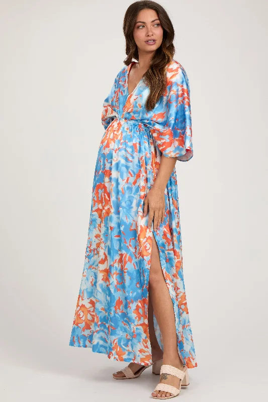 Blue Floral Satin V-Neck Maternity Maxi Dress Cozy Maxi Dress with Slit