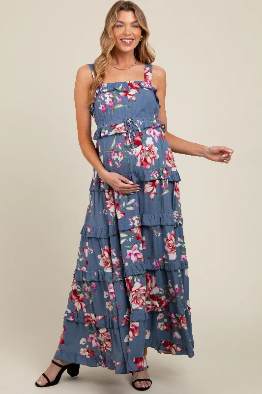 Blue Floral Sleeveless Tiered Maternity Maxi Dress Comfortable Plunging Neckline Maxi Dress