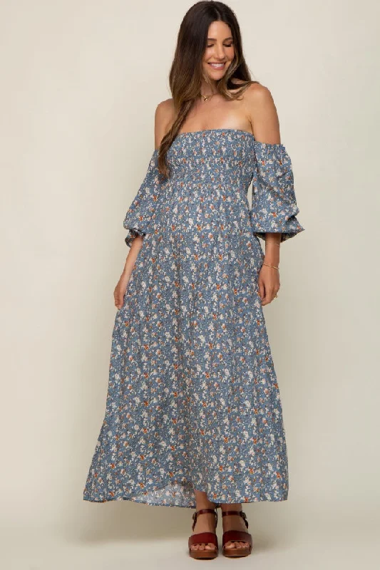 Blue Floral Square Neck Smocked Long Sleeve Maternity Maxi Dress Elegant Wraparound Maxi Dress