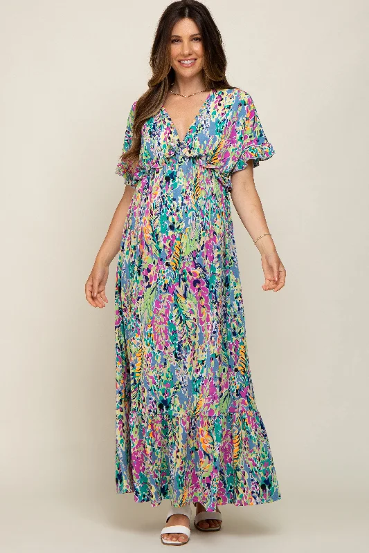 Blue Multi-Color Floral Ruffle Maternity Maxi Dress Comfortable Flowy Maxi Dress