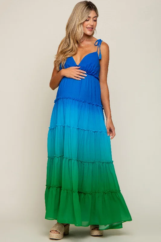 Blue Ombre Chiffon Shoulder Tie Tiered Maternity Maxi Dress Comfortable Fitted Maxi Dress