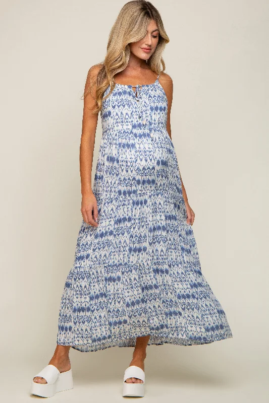 Blue Printed Tiered Maternity Maxi Dress Cozy Wrap Maxi Dress