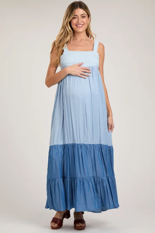 Blue Sleeveless Tiered Tie Back Maternity Maxi Dress Comfortable Maxi Dress with Slits