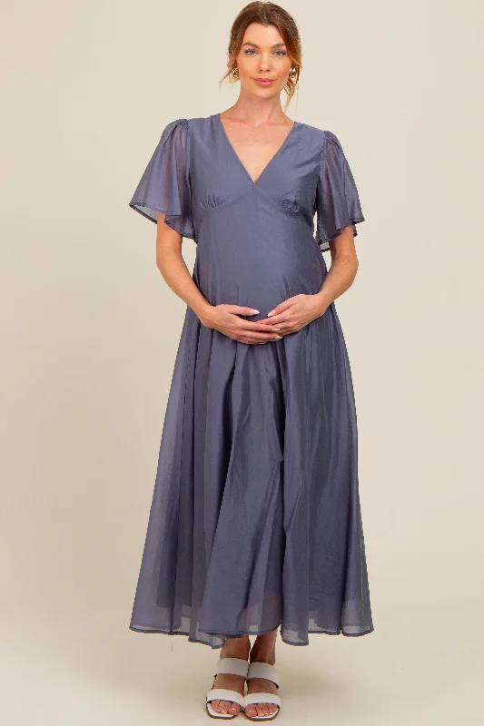 Blue V-Neck Flutter Sleeve Maternity Maxi Dress Fashionable Maxi Dress with Fringe