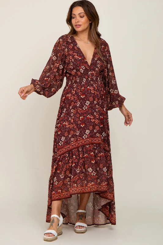 Brown Floral Hi-Lo Train Maternity Maxi Dress Elegant Maxi Dress with Slit