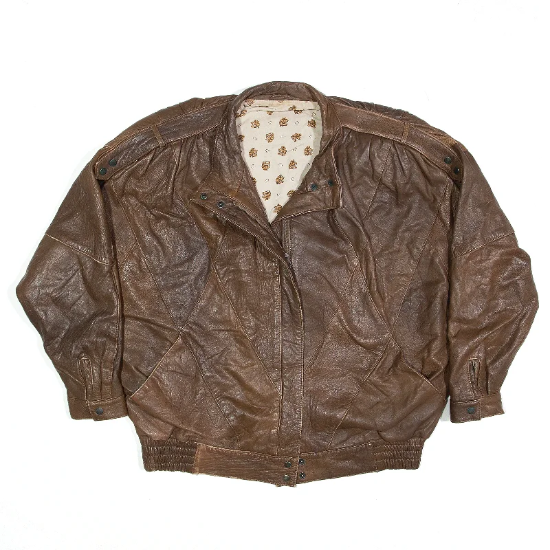 Jacket Brown 80s Leather Biker Womens M Zippered Front Buttoned Front Snap Front