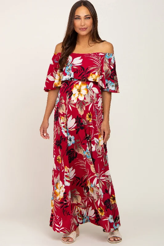 Burgundy Floral Flounce Off Shoulder Maternity Maxi Dress Elegant Tiered Maxi Dress