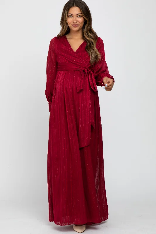 Burgundy Metallic Striped Chiffon Maternity Maxi Dress Trendy Short Sleeve Maxi Dress