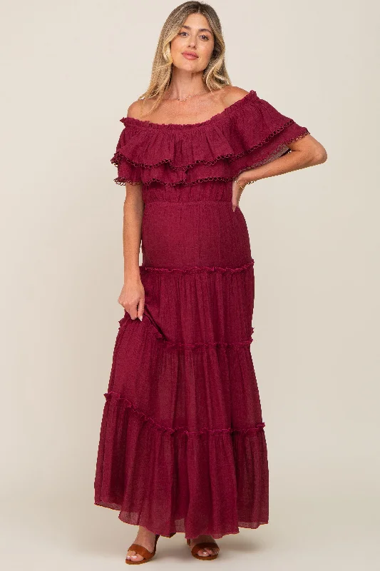 Burgundy Off Shoulder Eyelet Tiered Maternity Maxi Dress Fashionable Printed Maxi Dress