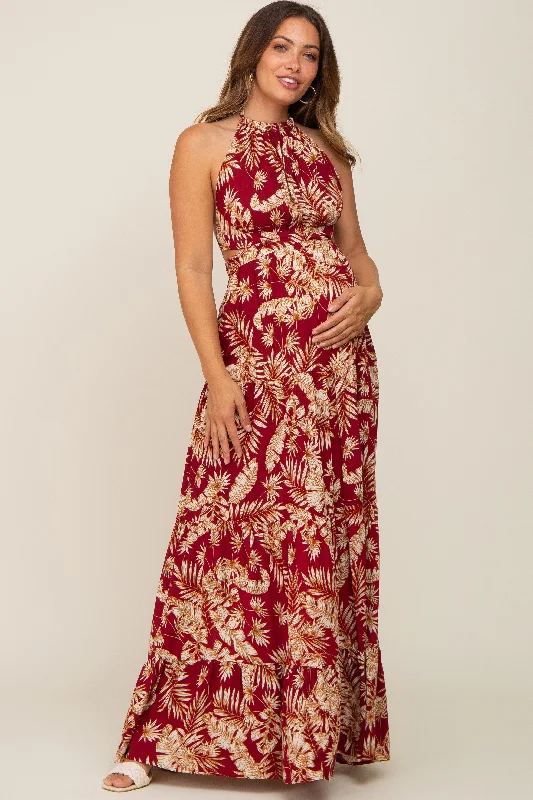 Burgundy Palm Open Back Halter Tiered Maternity Maxi Dress Trendy Button Front Maxi Dress