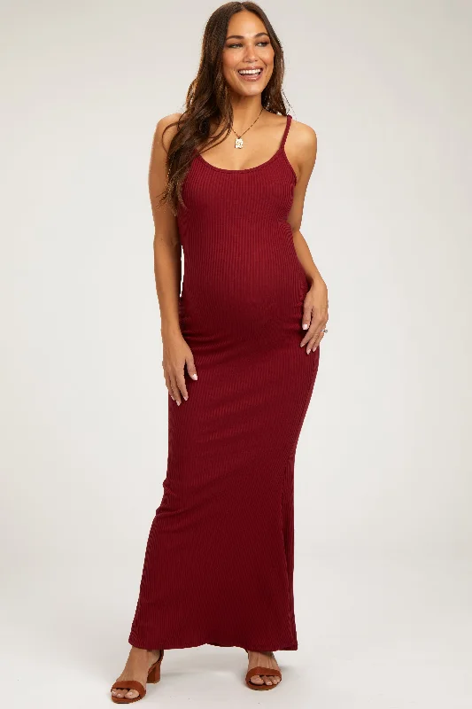 Burgundy Ribbed Maternity Maxi Dress Fashionable Chiffon Maxi Dress