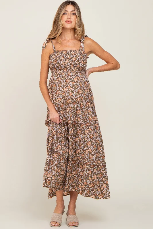 Camel Floral Sleeveless Tiered Maternity Maxi Dress Comfortable Ruffle Hem Maxi Dress