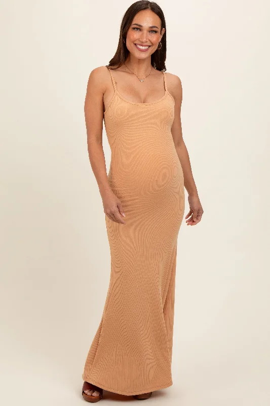 Camel Sleeveless Ribbed Maternity Maxi Dress Cozy Maxi Dress with Slit