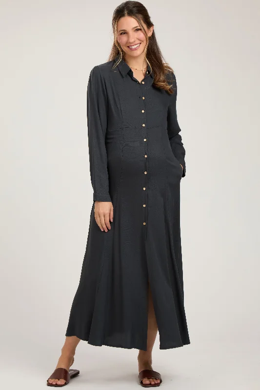 Charcoal Collared Button Down Long Sleeve Maternity Maxi Dress Elegant Lace Maxi Dress