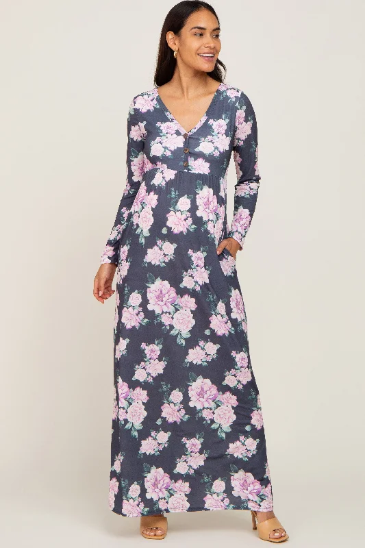 Charcoal Floral Button Front Maternity Maxi Dress Fashionable High-Low Maxi Dress