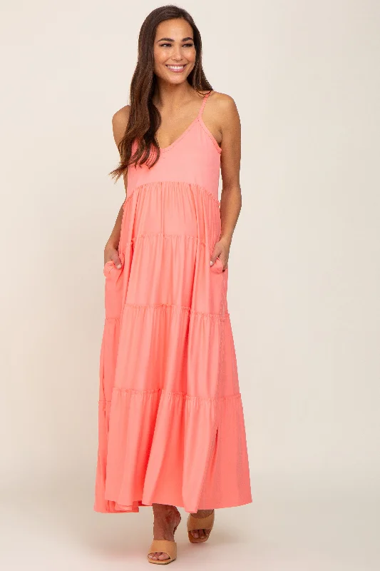 Coral Pink Tiered Sleeveless Maternity Maxi Dress Comfortable Bohemian Maxi Dress