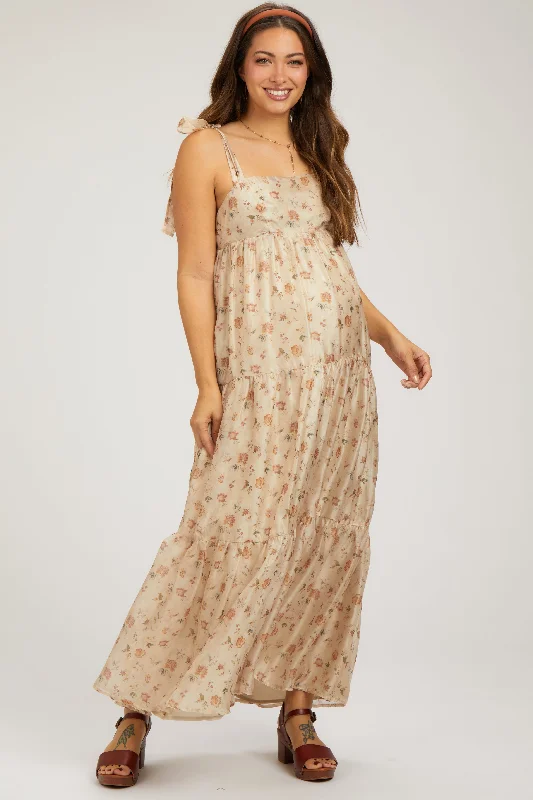 Cream Floral Shoulder Tie Tiered Maternity Maxi Dress Cozy Open-Back Maxi Dress