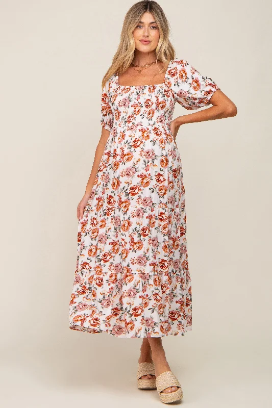 Cream Floral Smocked Square Neck Tiered Maternity Maxi Dress Trendy Floral Print Maxi Dress