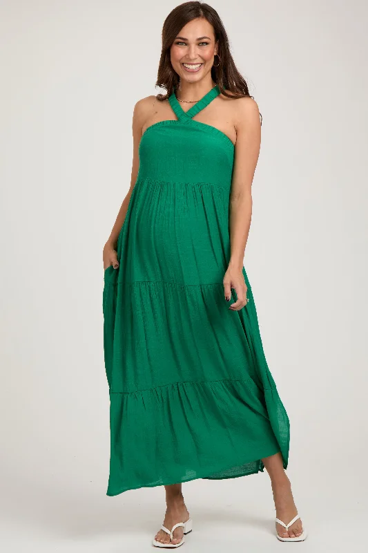 Emerald Halter Tiered Maternity Maxi Dress Fashionable Maxi Dress with Fringe