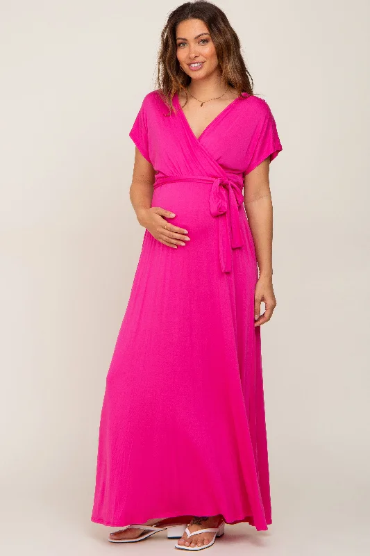 Fuchsia Basic Maternity Wrap Maxi Dress Cozy Maxi Dress with Slit