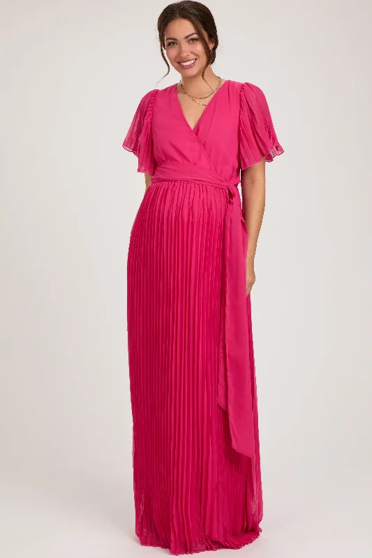 Fuchsia Chiffon Wrap Front V-Neck Short Sleeve Pleated Maternity Maxi Dress Stylish Maxi Dress with Frills