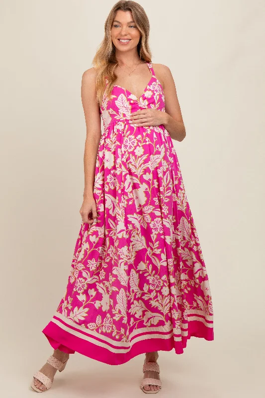 Fuchsia Floral Cutout Back Tie Maternity Maxi Dress Trendy Maxi Dress with Lace