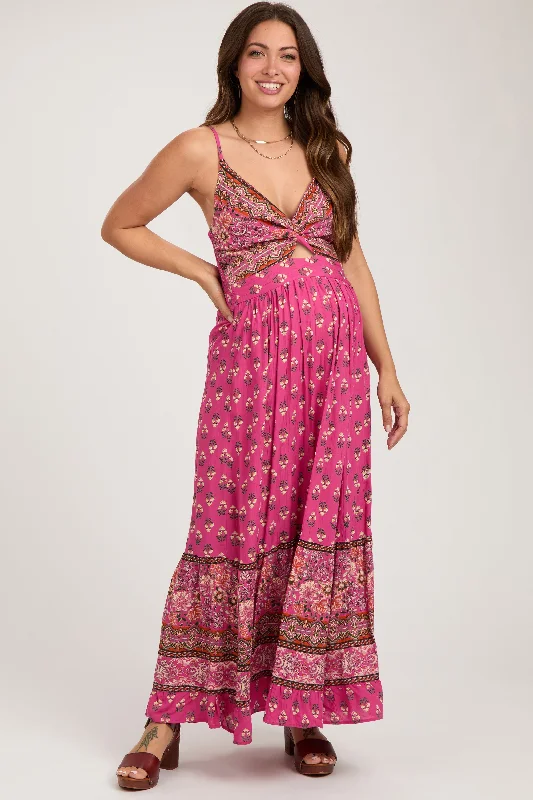 Fuchsia Floral Cutout Maternity Maxi Dress Stylish One-Shoulder Maxi Dress