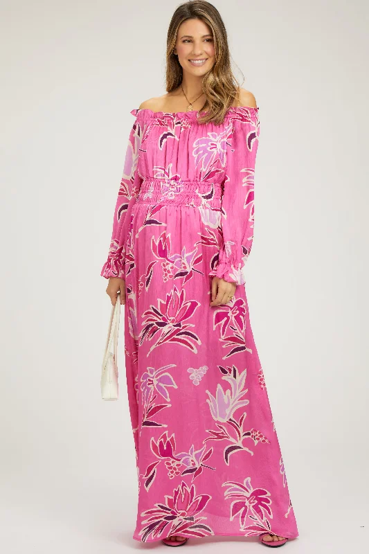 Fuchsia Floral Ruffle Neck Maternity Maxi Dress Comfortable Satin Maxi Dress