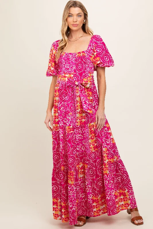 Fuchsia Floral Smocked Short Puff Sleeve Tiered Maternity Maxi Dress Comfortable Long-Sleeve Maxi Dress