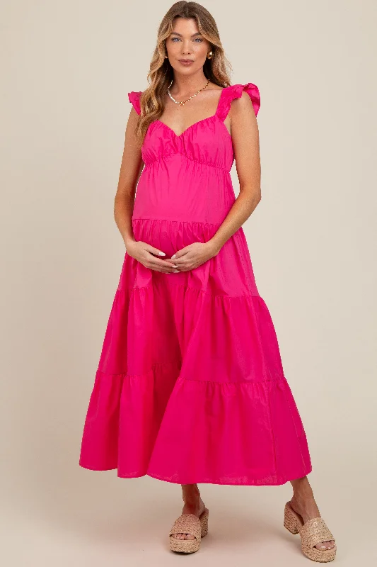 Fuchsia Sleeveless Tiered Maternity Maxi Dress Comfortable Bohemian Maxi Dress