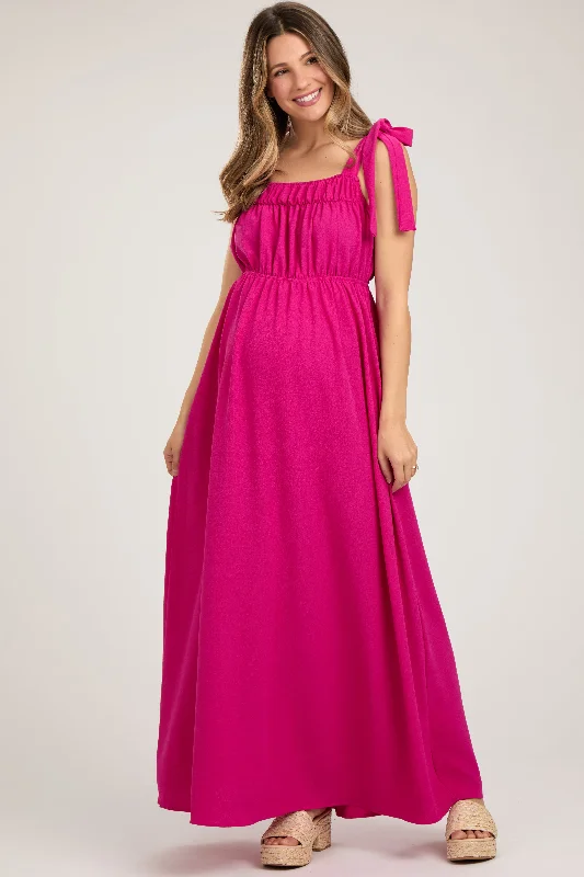 Fuchsia Square Neck Shoulder Tie Maternity Maxi Dress Cozy Maxi Dress with Slit