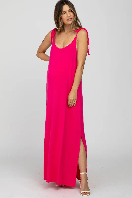 Fuchsia Tie Strap Side Slit Maternity Maxi Dress Stylish Off-Shoulder Maxi Dress