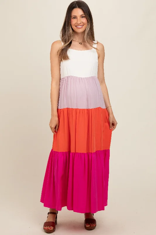 Fuchsia Tiered Colorblock Maternity Maxi Dress Elegant Maxi Dress with Drapes