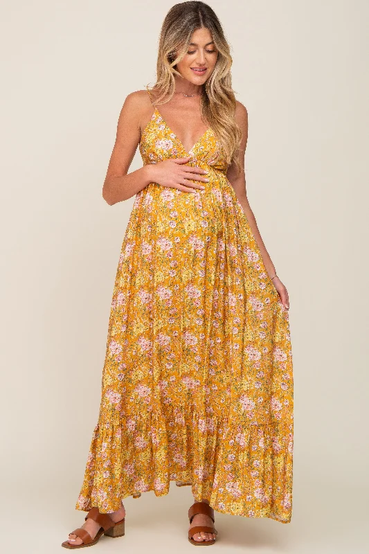 Gold Floral Back Tie Cutout Maternity Maxi Dress Comfortable Bohemian Maxi Dress