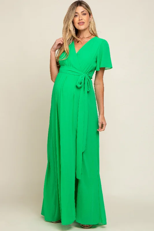 Green Chiffon Short Sleeve Wrap V-Neck Front Slit Maternity Maxi Dress Cozy Open-Back Maxi Dress