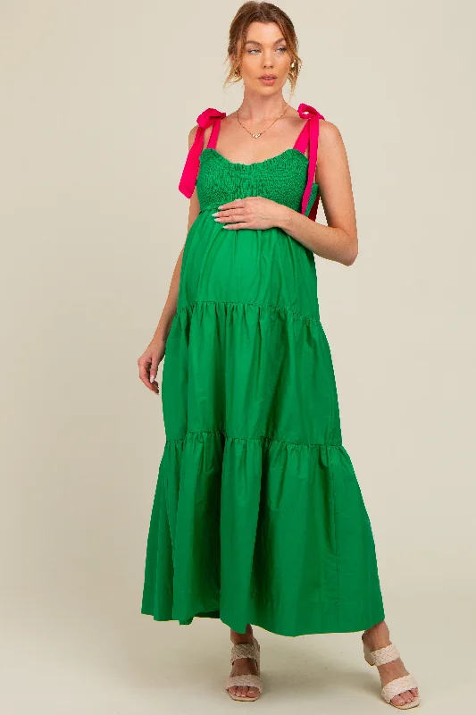 Green Contrast Shoulder Straps Maternity Maxi Dress Comfortable Fitted Maxi Dress