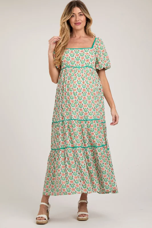 Green Floral Print Puff Sleeve Maternity Maxi Dress Comfortable Cotton Maxi Dress