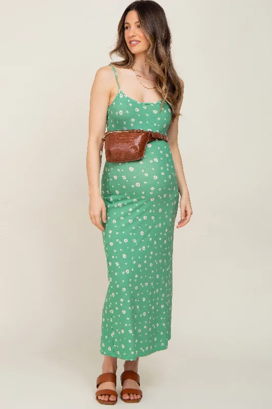 Green Floral Sleeveless Maternity Maxi Dress Elegant Tiered Maxi Dress