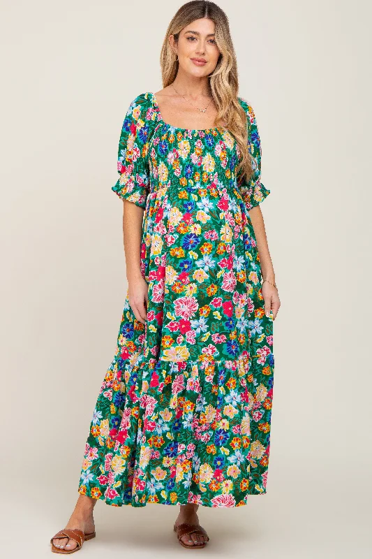 Green Floral Smocked Puff Sleeve Maternity Maxi Dress Elegant Boho Maxi Dress