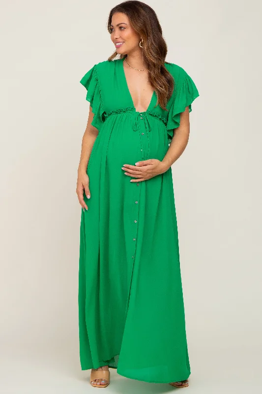 Green Flounce Button Front Maternity Maxi Dress Chic Summer Floral Maxi Dress