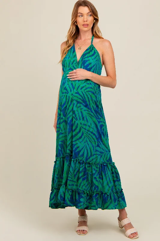 Green Leaf Print Halter Maternity Maxi Dress Trendy Ruffled Maxi Dress