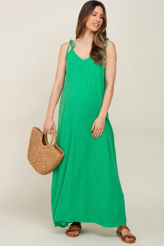 Green Linen V-Neck Tie Strap Maternity Maxi Dress Elegant Maxi Dress with Belt