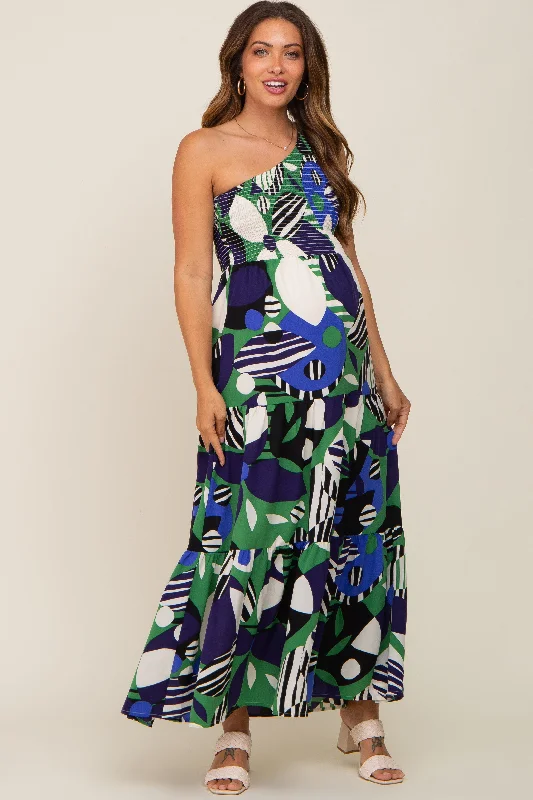 Green Printed One Shoulder Tiered Maternity Maxi Dress Stylish Boho Maxi Dress