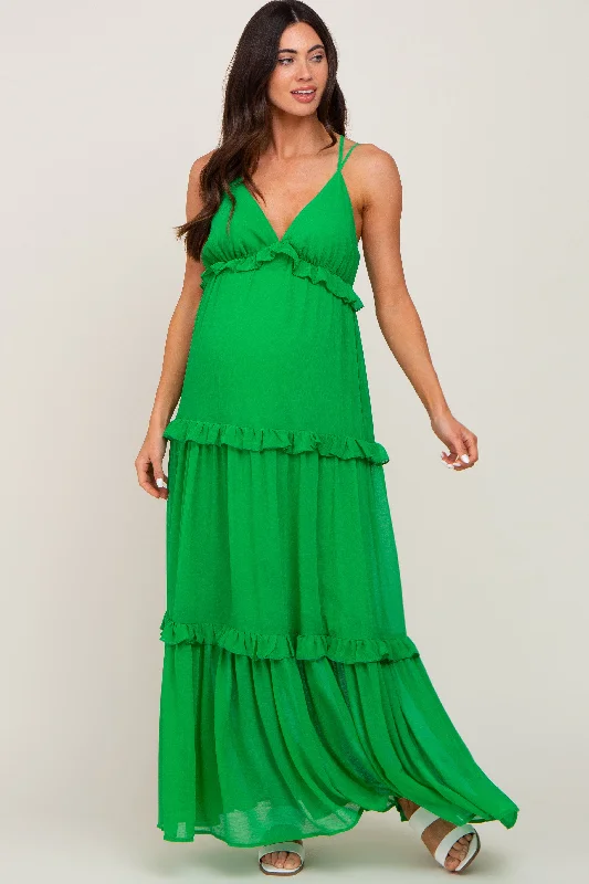 Green Ruffle Tier Cross Back Maternity Maxi Dress Fashionable Faux Wrap Maxi Dress