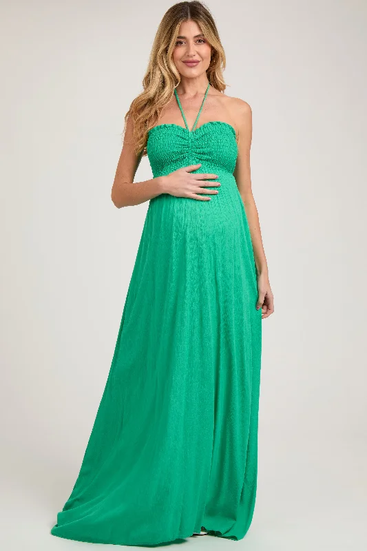 Green Smocked Halter Maternity Maxi Dress Elegant Wraparound Maxi Dress