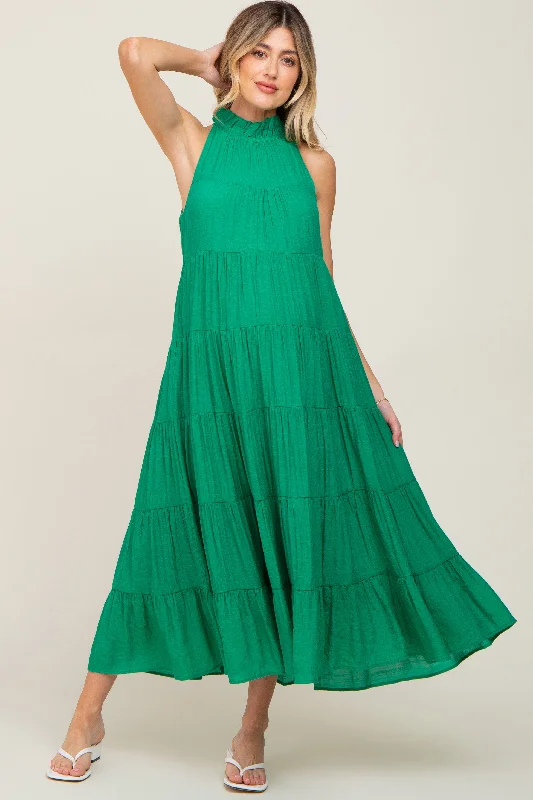 Green Tiered High Neck Maternity Maxi Dress Comfortable Pleated Maxi Dress